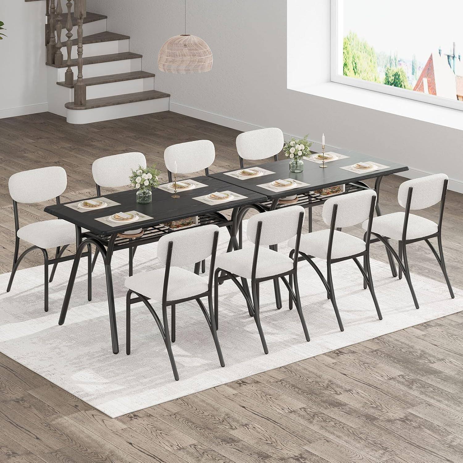 Back. Qeetex - 4-Person Dining Set, Modern Table with Storage & Boucle Chairs for Small Spaces - Black+White.