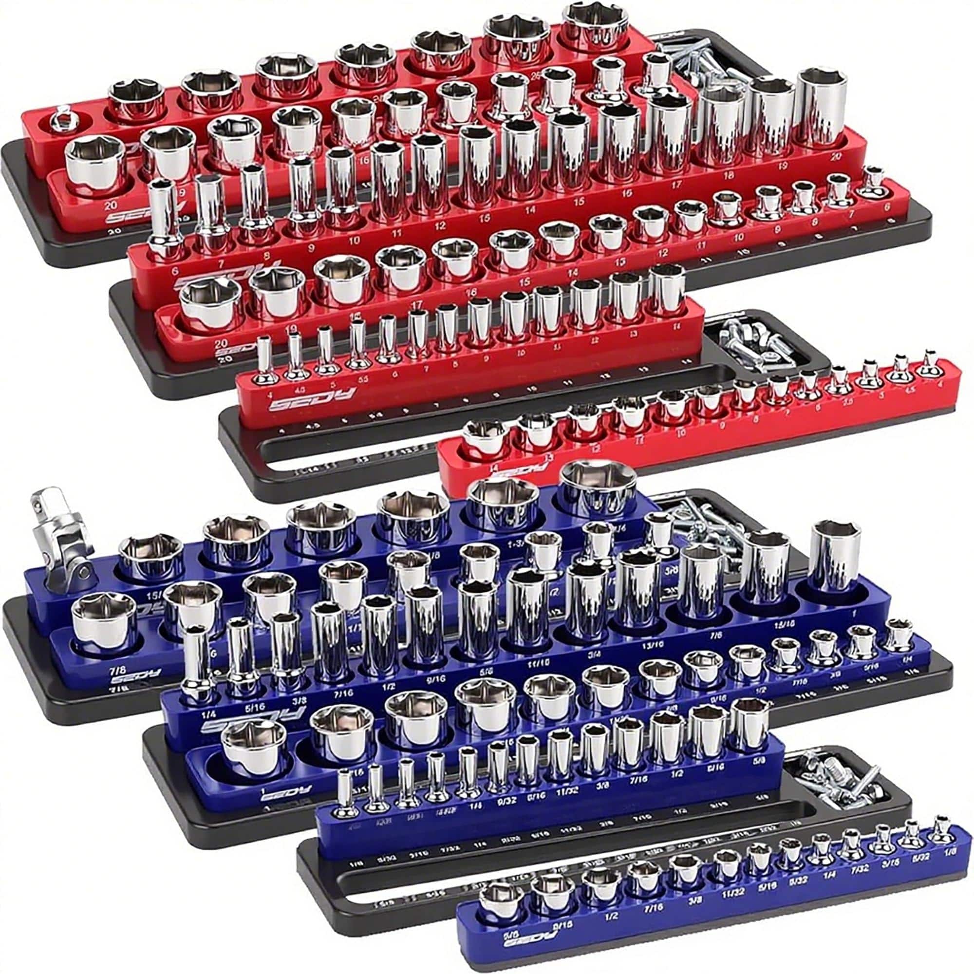 Fabibe - Magnetic Socket Holder Organizer Set: 6-piece Detachable 1/2 3/8 1/4 Drive Sockets Storage Tray Tool Box Drawer Organ - New Version – Metric & SAE