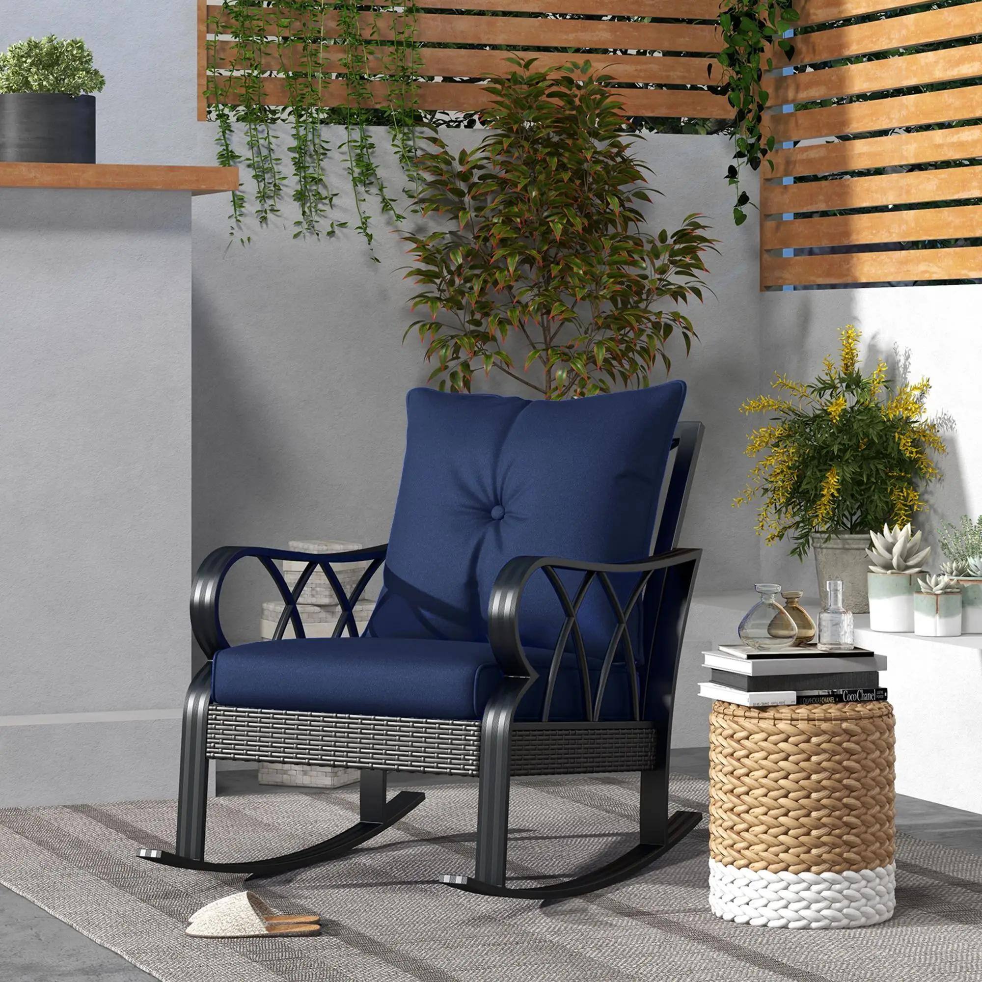 Left. Resenkos - Resenkos Wicker Rocking Chair with Padded Cushions, Aluminum Rattan Porch Chair, Armrest, Navy Blue, Navy Blue - Navy Blue.