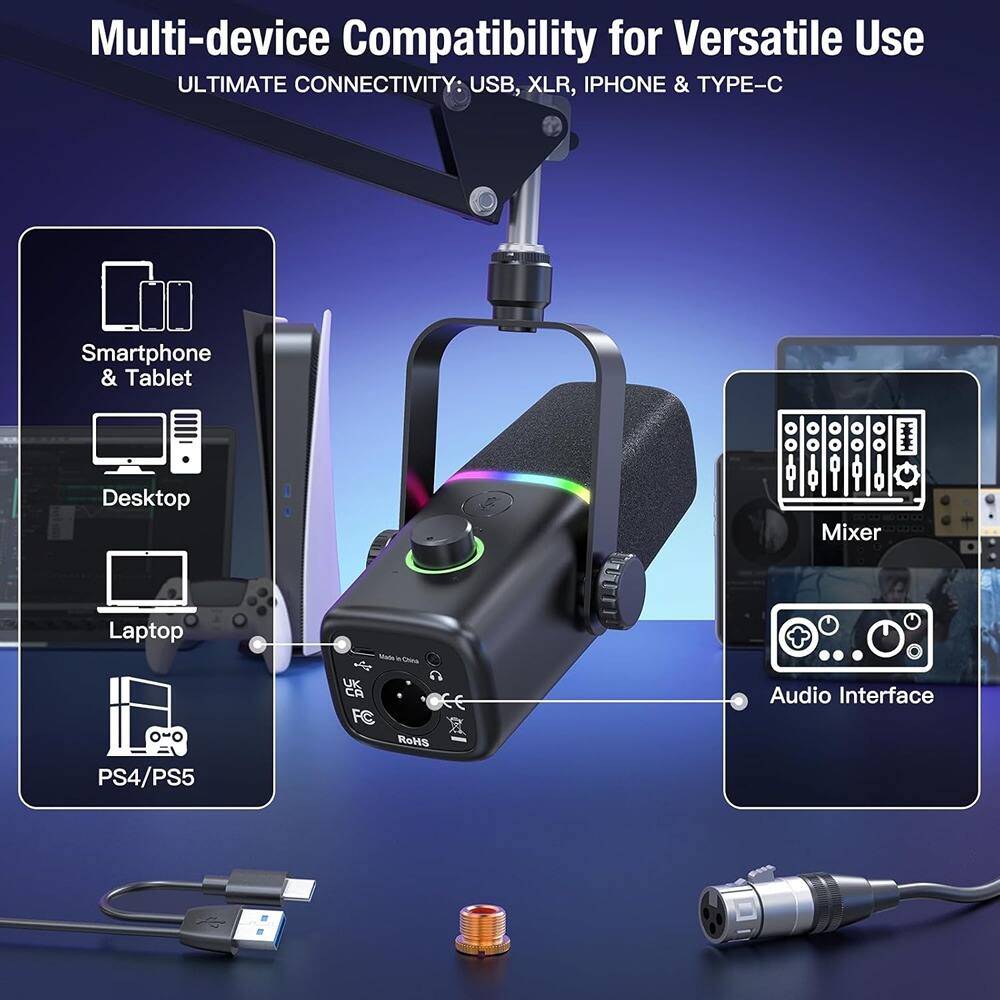 Alt View 1. MOSZAR LLC - USB Dynamic Gaming Microphone – RGB Light, Mute & Gain Control for PC/iPhone.