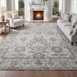 RYHNUYNE - 9x12 Neutral Floral Rugs, Vintage Style Washable Area Rug, Non Slip Soft Low Pile Rug for Living Room Farmhouse Nursery - Gray