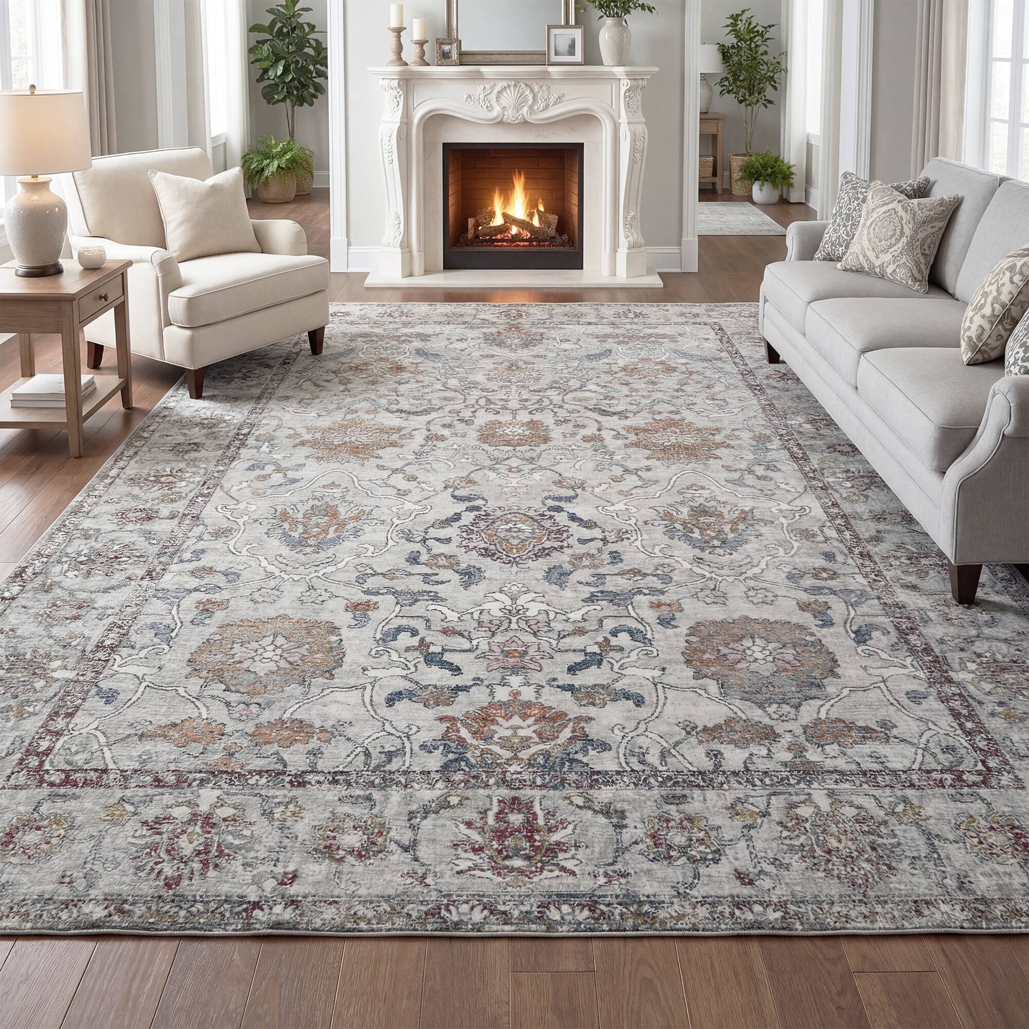 Front. RYHNUYNE - 9x12 Neutral Floral Rugs, Vintage Style Washable Area Rug, Non Slip Soft Low Pile Rug for Living Room Farmhouse Nursery - gray.