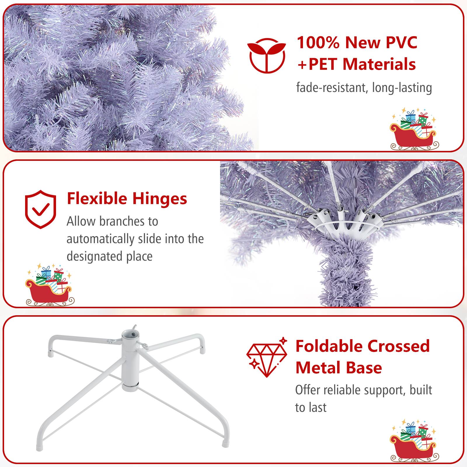 100% New PVC + PET Materials  
fade-resistant, long-lasting  

Flexible Hinges  
Allow branches to automatically slide into the designated place  

Foldable Crossed Metal Base  
Offer reliable support, built to last