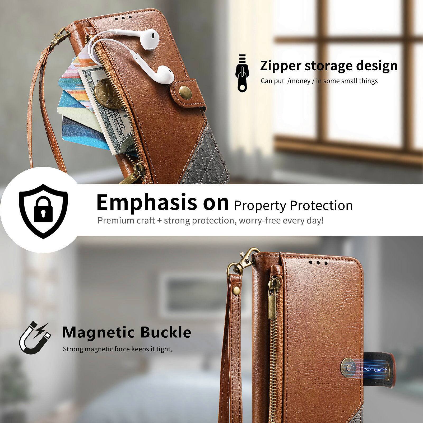 Zipper storage design  
Can put /money /in some small things  

Emphasis on Property Protection  
Premium craft + strong protection, worry-free every day!  

Magnetic Buckle  
Strong magnetic force keeps it tight,