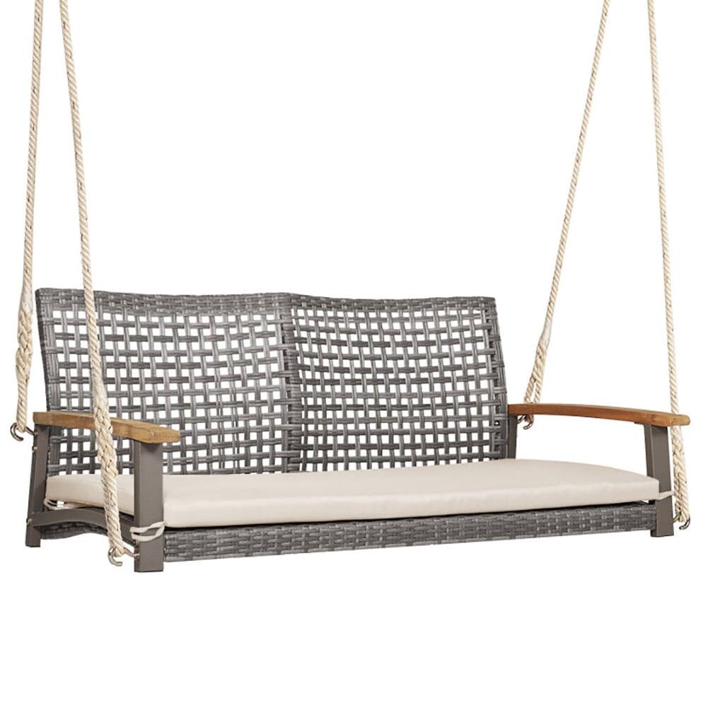 Alt View 2. Pefilos - 2-Person Patio Wicker Hanging Swing Chair-Off White, 2-Seater Hanging Bench, Pillow for Backyar Garen Poolsi - White.