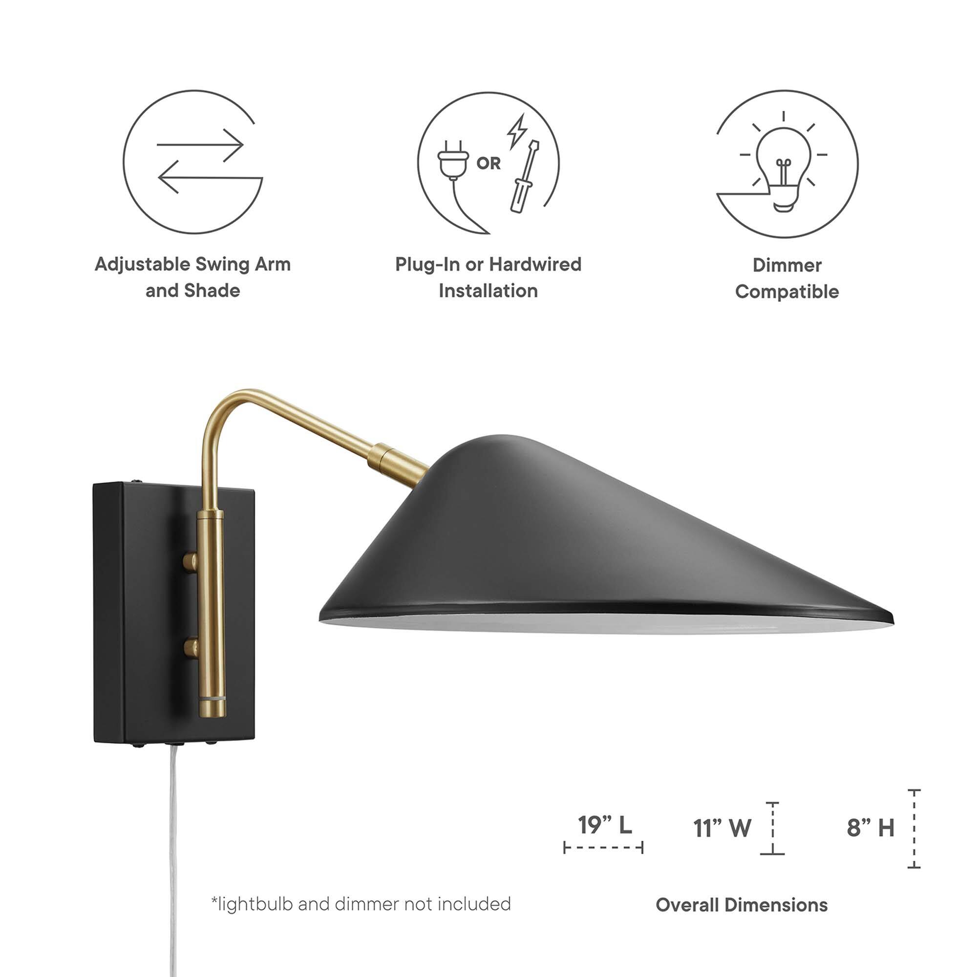 - Adjustable Swing Arm and Shade
- Plug-In or Hardwired Installation
- Dimmer Compatible

Overall Dimensions:
- 19" L
- 11" W
- 8" H

*Lightbulb and dimmer not included