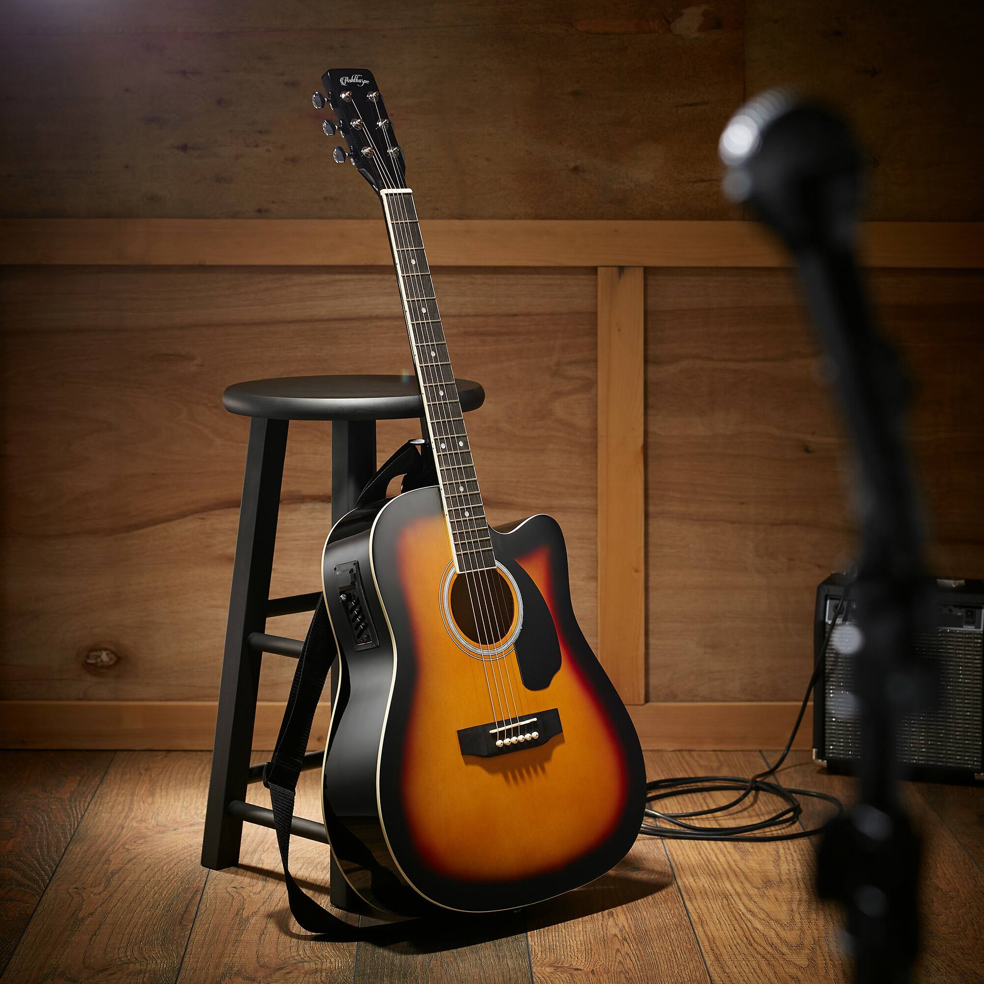 Alt View 1. Ashthorpe - Full-Size Dreadnought Cutaway Acoustic-Electric Guitar Bundle - Sunburst.