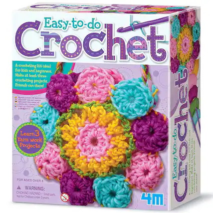 Easy-to-do Crochet: A crocheting kit ideal for kids and beginners. Make at least three crocheting projects friends can share! Manualidades de ganchillo DF Kunst van het haken de Kunst des Hakelns Arte del Uncinetto C'Art du Crochet Learn 3 age-appropriate crocheting projects for children. WARNING: HAZARD work over under 3 years. Small parts. 0-3 years. Easy-to-do Crochet Kit 4 Kids: Ideal for beginners. Make at least three crocheting projects friends can share!