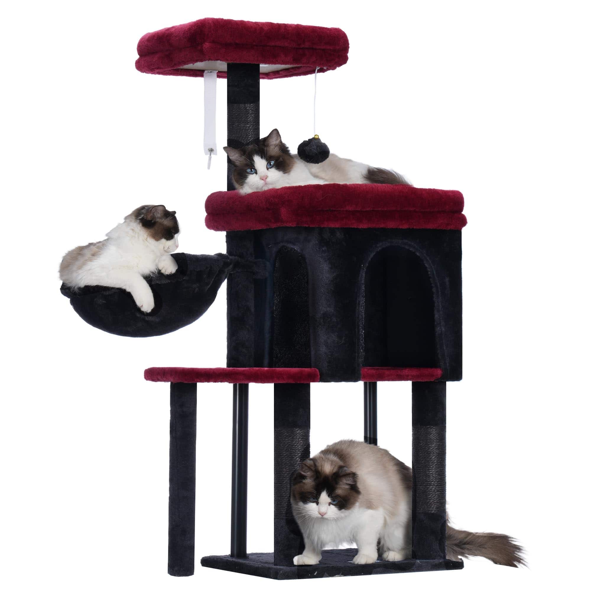 Hirose Alice - Cat Tree Posts With Bed Sturdy Tower Fully Sisal-wrapped Columns And Plush Ball For Indoor Kittens Smoky Mp - Black and Red 44.9 Inches