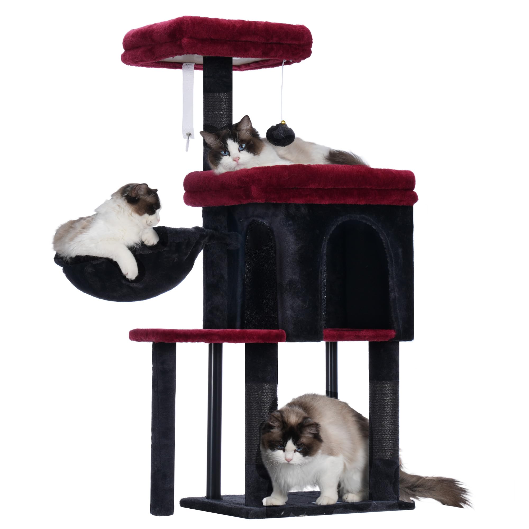 Front. Hirose Alice - Cat Tree Posts With Bed Sturdy Tower Fully Sisal-wrapped Columns And Plush Ball For Indoor Kittens Smoky Mp - Black and Red 44.9 Inches.