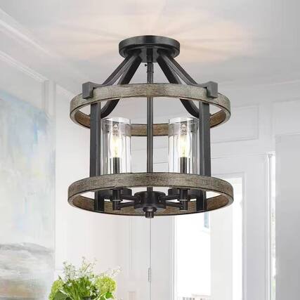 Front. Hivvago - Round 4-Light 12.5-inch Metal Wood Farmhouse Ceiling Lamp - Semi-Flush Mount - Brown.