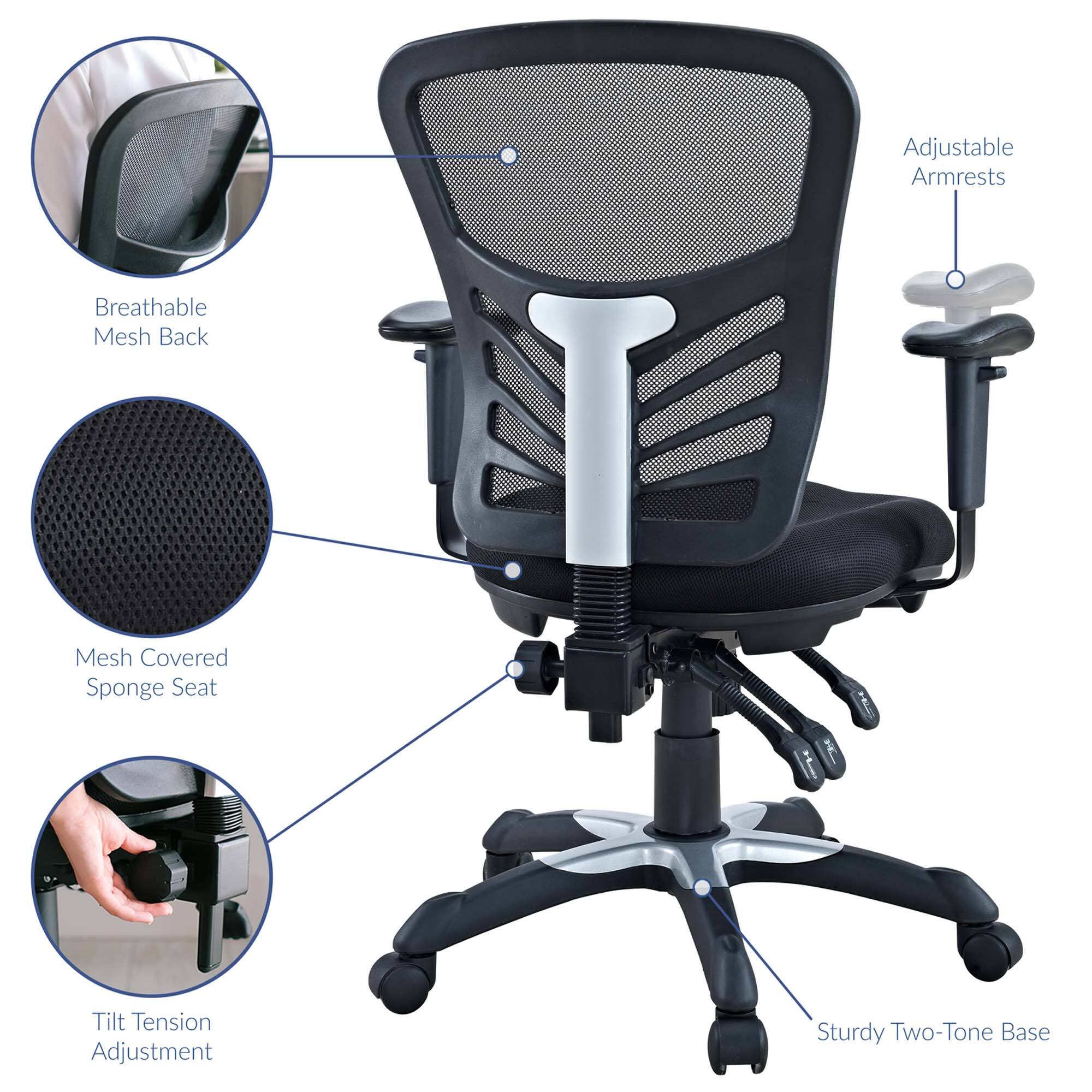 - Adjustable Armrests
- Breathable Mesh Back
- Mesh Covered Sponge Seat
- Tilt Tension Adjustment
- Sturdy Two-Tone Base