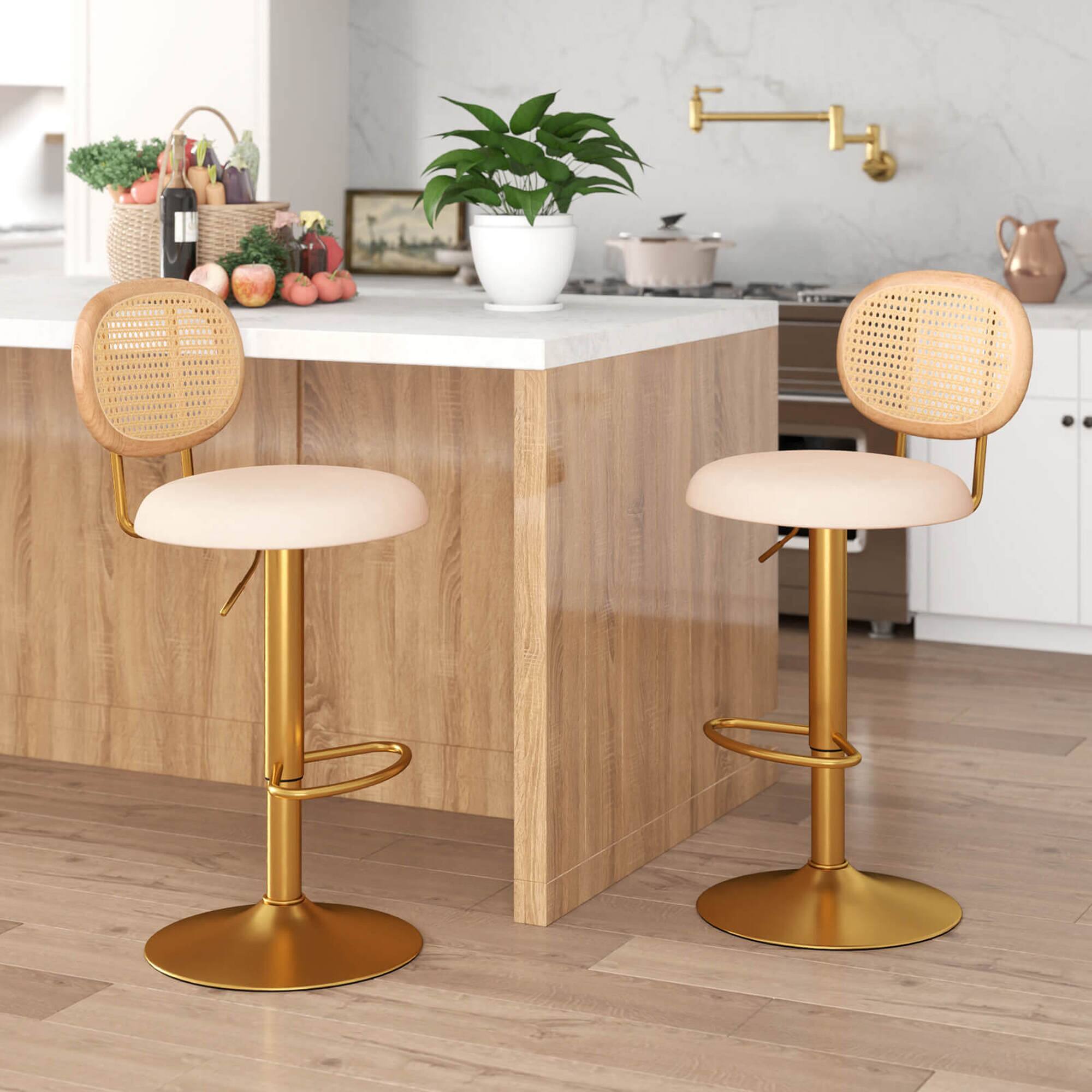 Alt View 1. Costway - Height-adjustable Bar Stool Set of 2 Swivel Bar Chairs with PE Rattan Backrest - Natural + Beige + Gold.