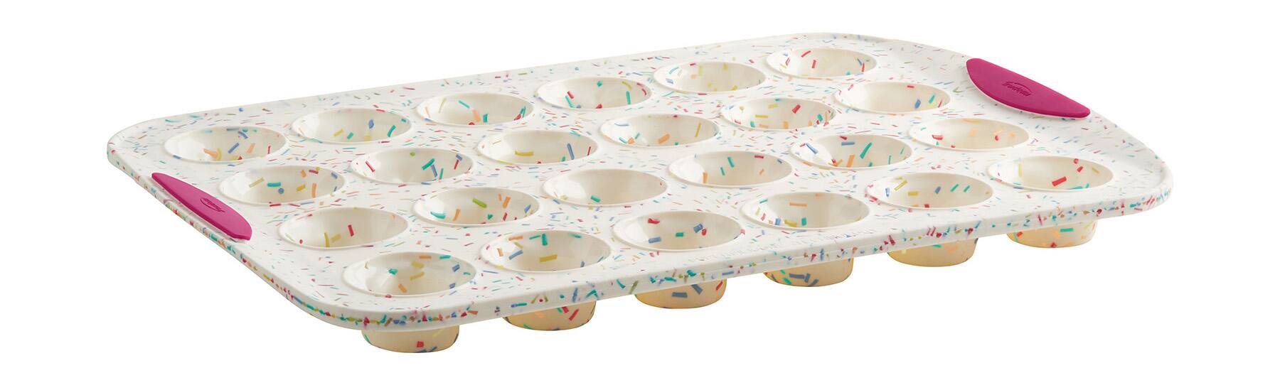 Front. Trudeau - Structure Silicone 24 Cavity Mini Muffin Pan, Confetti/Fuchsia - White.