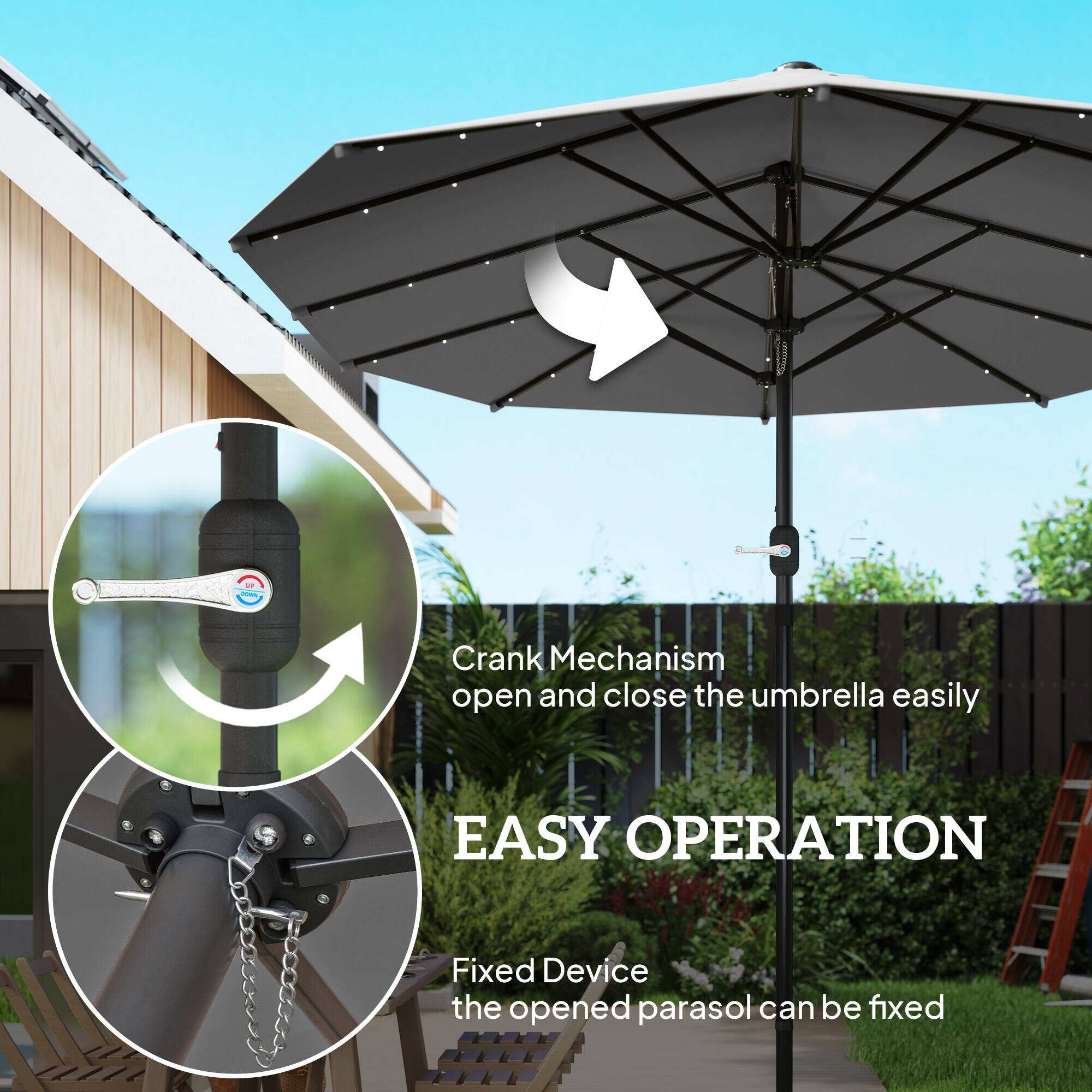 Crank Mechanism open and close the umbrella easily, EASY OPERATION, Fixed Device the opened parasol can be fixed.