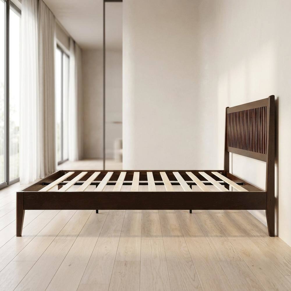 Alt View 4. FurniFact - Solid Wood Platform Bed - Dark Roast Oak.