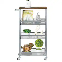 Oumilen - 4-Tier Slim Silver Rolling Gap Storage Cart with Wooden Top, Narrow Slide Out Mesh Organizer Trolley - White