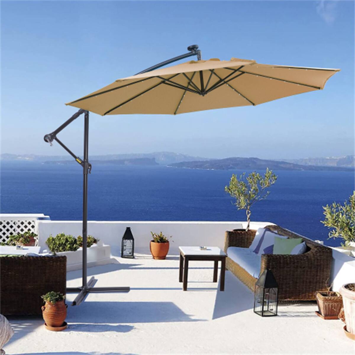 Angle. HTUTWOO - Outdoor Patio Umbrella 10FT Solar LED - Hanging Cantilever Offset Umbrella with 32 LED Lights, Easy Open Adjustment - Taupe.