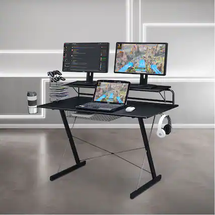 Front. Techni Sport - Techni Sport Black Carbon Computer Gaming Desk with Shelving, Black - Black.