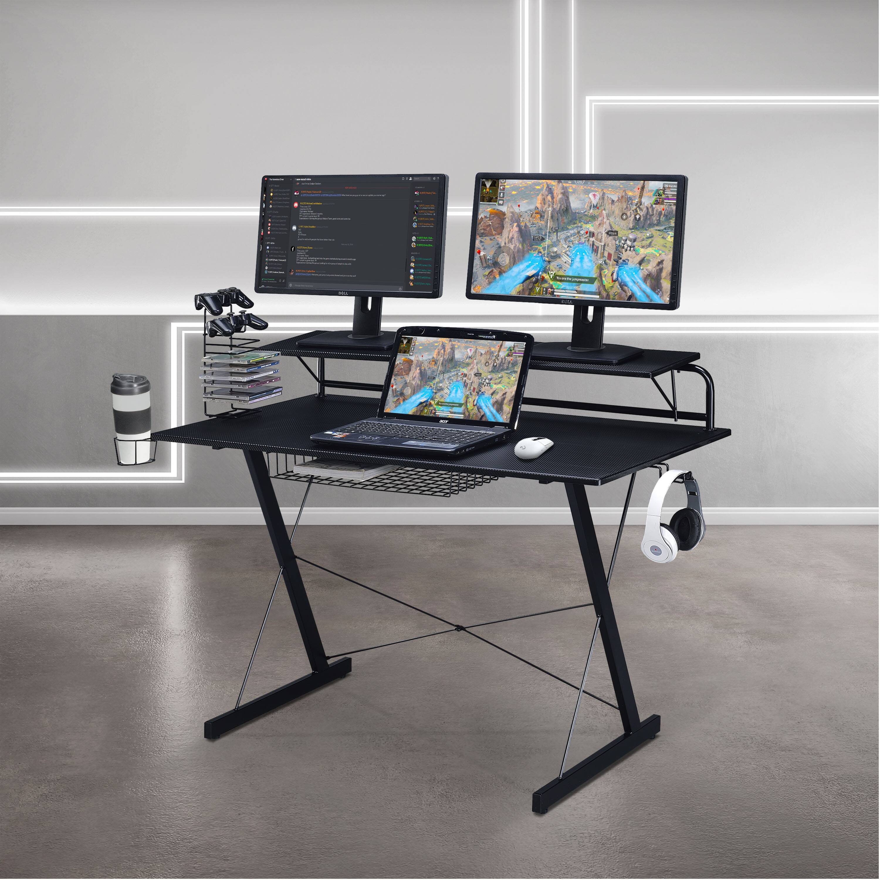 Front. Techni Sport - Techni Sport Black Carbon Computer Gaming Desk with Shelving, Black - Black.