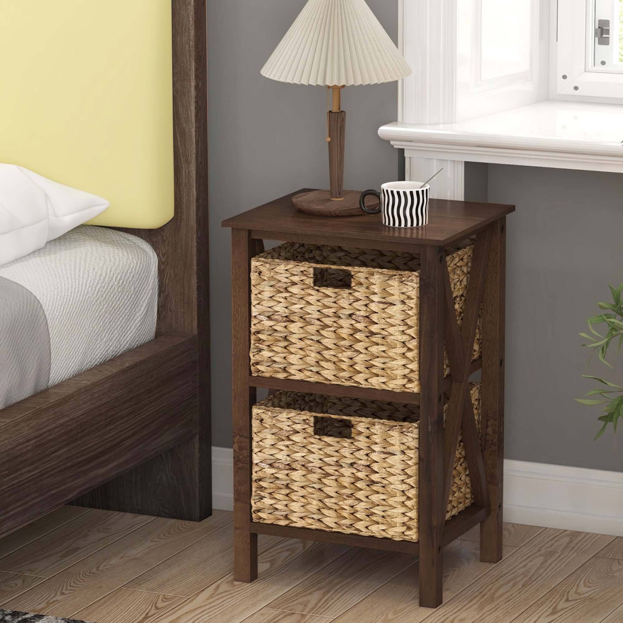 Alt View 15. Costway - 2 PCS 2-Tier Nightstand with 2 Seagrass Baskets Rubber Wood X-Shaped Frames 2 Drawers - Walnut/Natural.