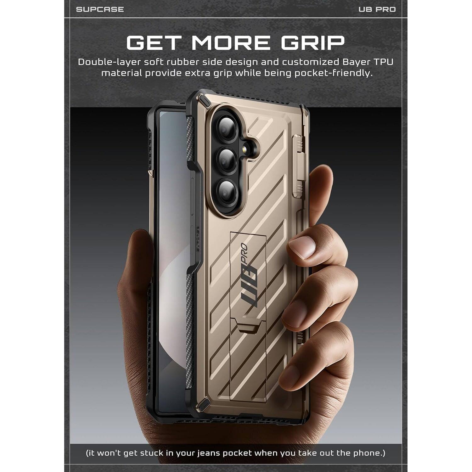 SUPCASE UB PRO GET MORE GRIP Double-layer soft rubber side design and customized Bayer TPU material provide extra grip while being pocket-friendly. (it won't get stuck in your jeans pocket when you take out the phone.)