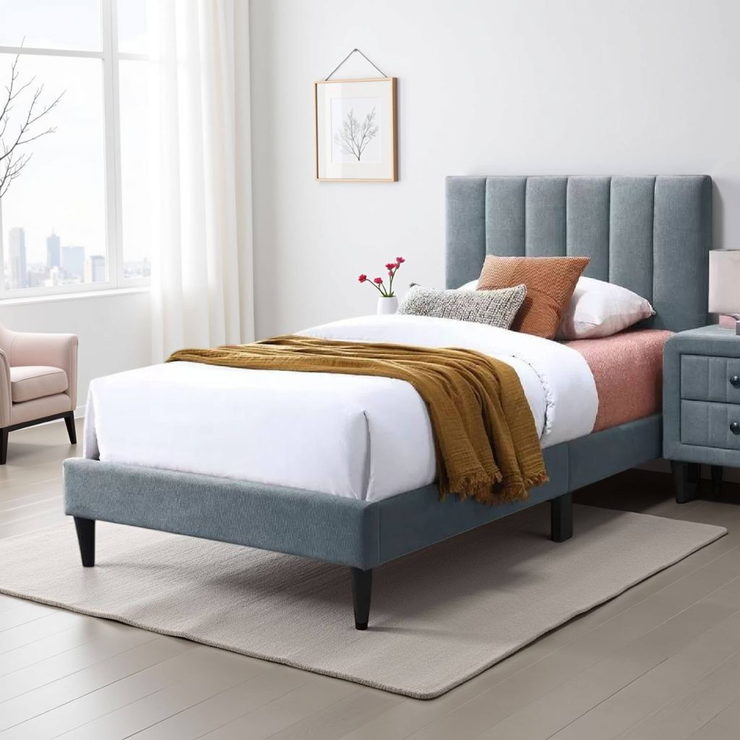 Alt View 5. Manhattan Lane - Lilian Twin Bed, Soft Channel Tufted Light Gray Linen Upholstery - Gray, Black.