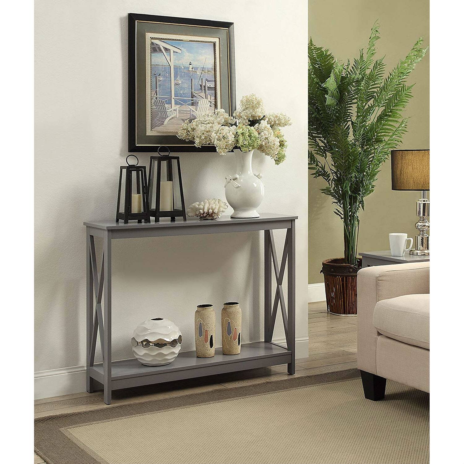 Left. Hivvago - Grey Wood Console Sofa Table with Bottom Storage Shelf - Gray.