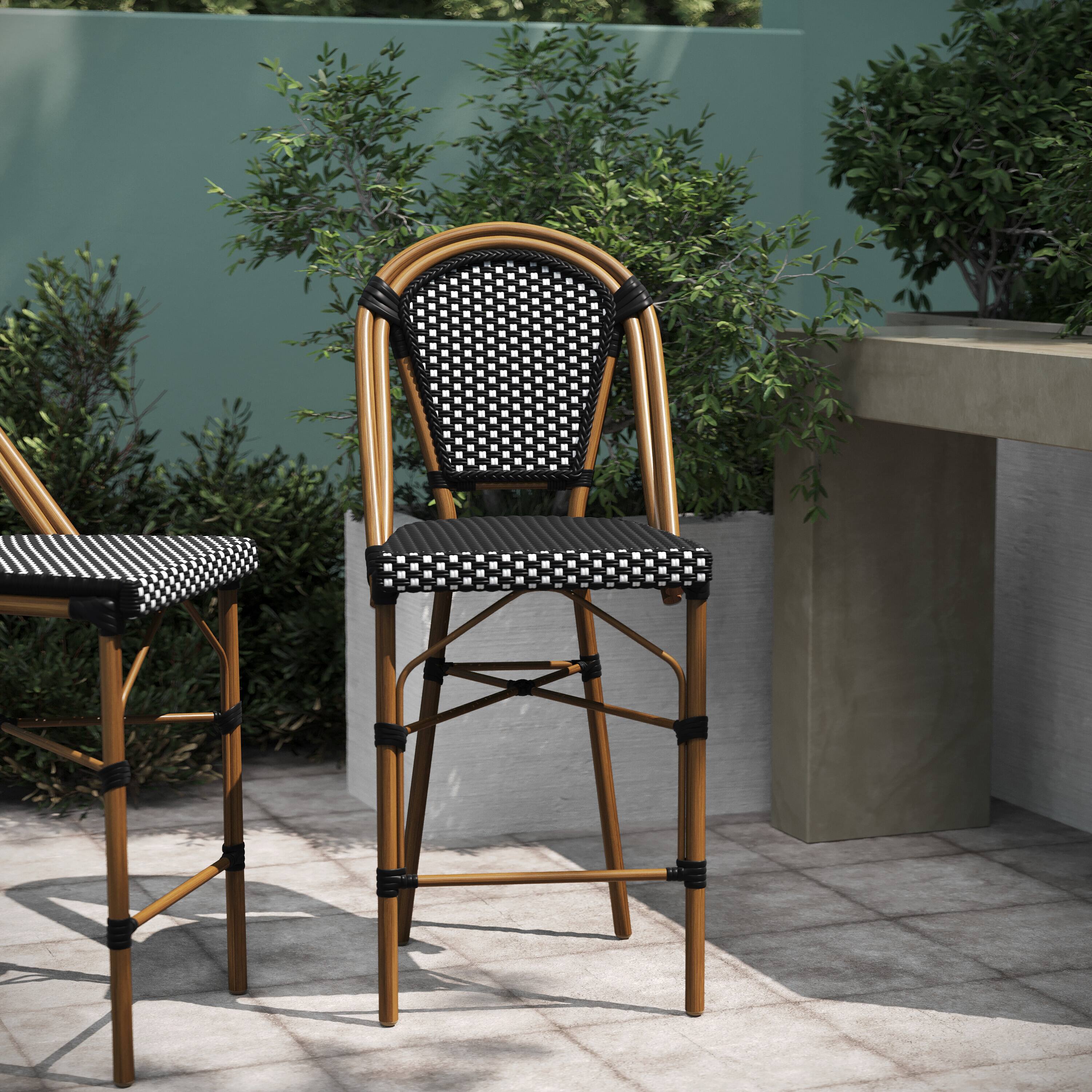 Alt View 5. Emma + Oliver - Soie Set of Two 26" High Stacking Bistro Counter Stools with PE Seat and Back and Metal Frames for Indoor/Outdoor Use - Black & White/Natural Frame.