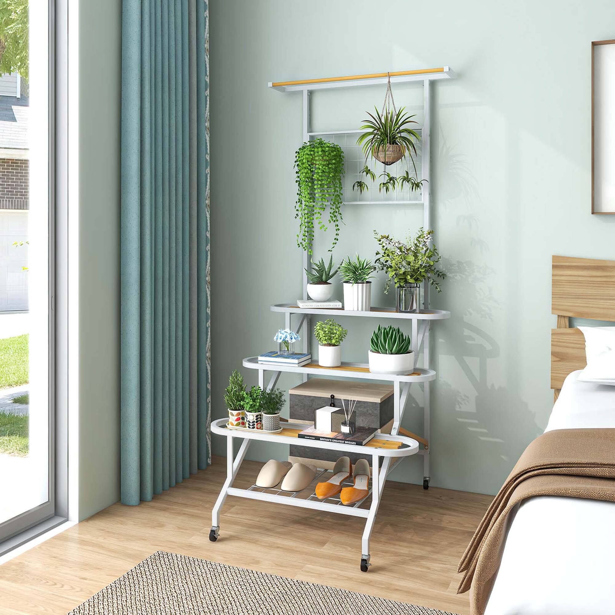 Alt View 3. Costway - 4-Tier Hanging Plant Stand Ladder Plant Shelf with Hanging Bar & Trellis - White + Tan.