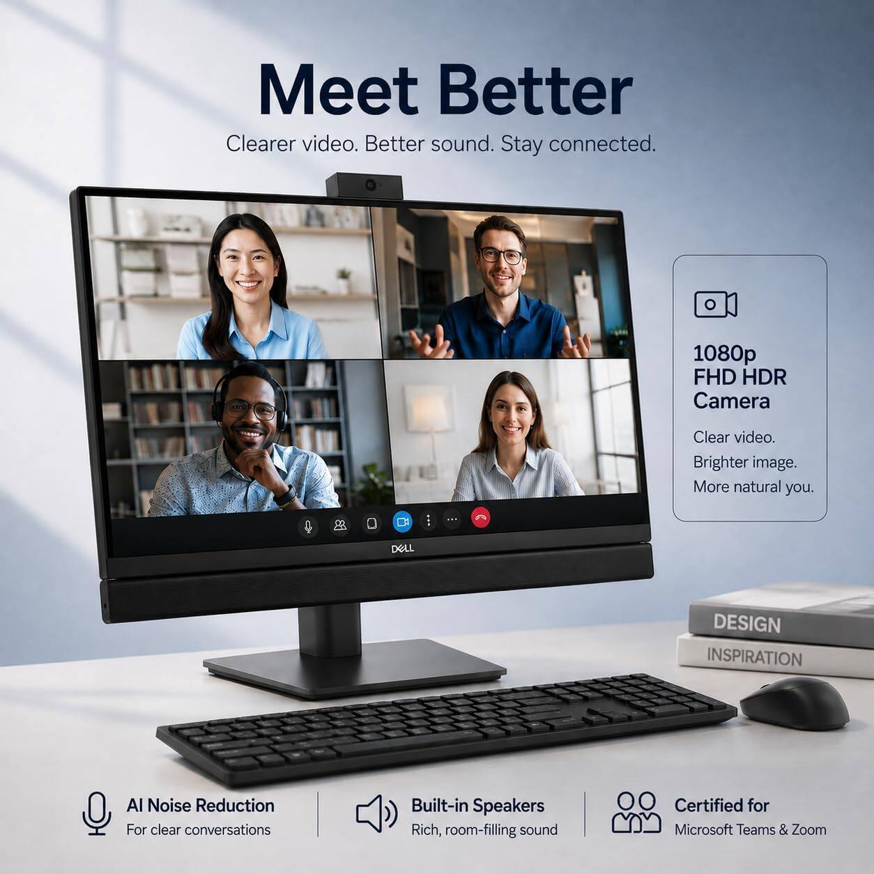 Meet Better  
Clearer video. Better sound. Stay connected.  

1080p FHD HDR Camera  
Clear video. Brighter image. More natural you.  

DELL  
DESIGN INSPIRATION  

AI Noise Reduction For clear conversations  
Built-in Speakers Rich, room-filling sound  
Certified for Microsoft Teams & Zoom