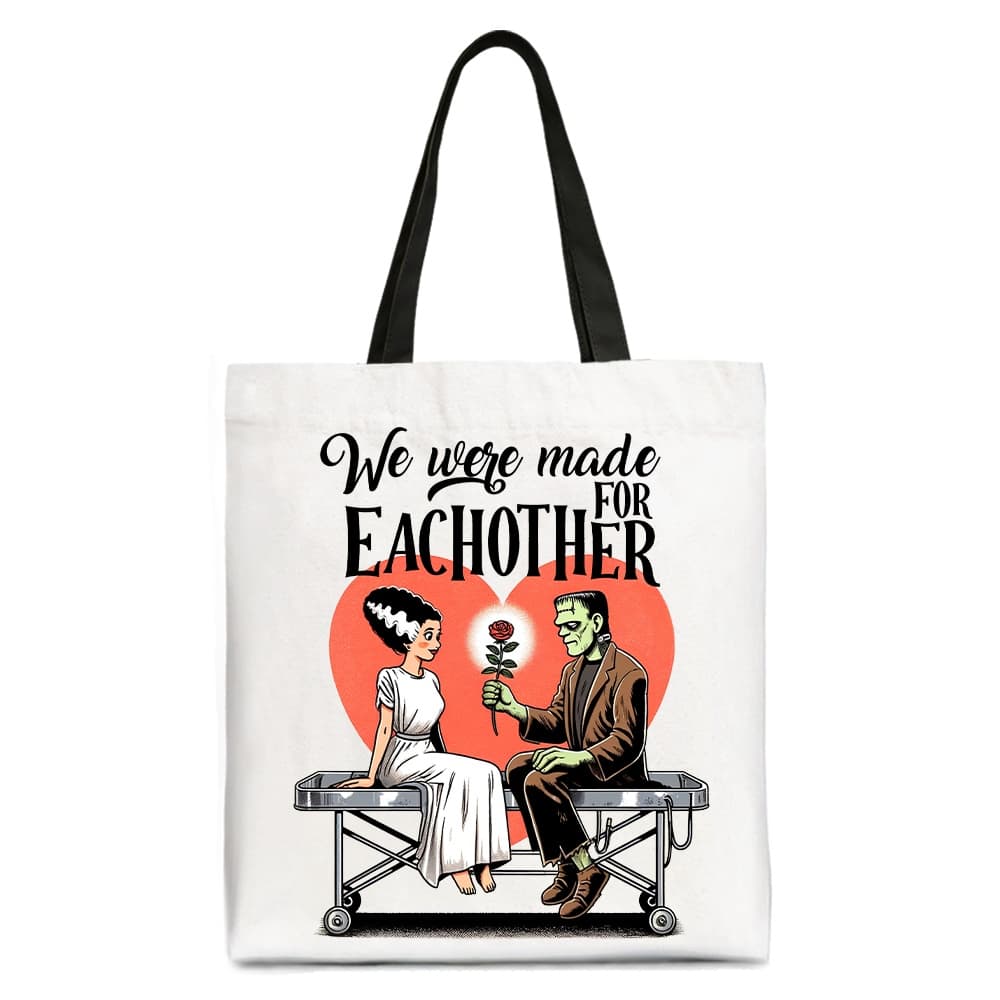 OrnamentallyYou - Romantic Frankenstein and Bride Canvas Tote Bag, We Were Made for Each Other Gift Bag - White Black