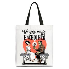OrnamentallyYou - Romantic Frankenstein and Bride Canvas Tote Bag, We Were Made for Each Other Gift Bag - White Black