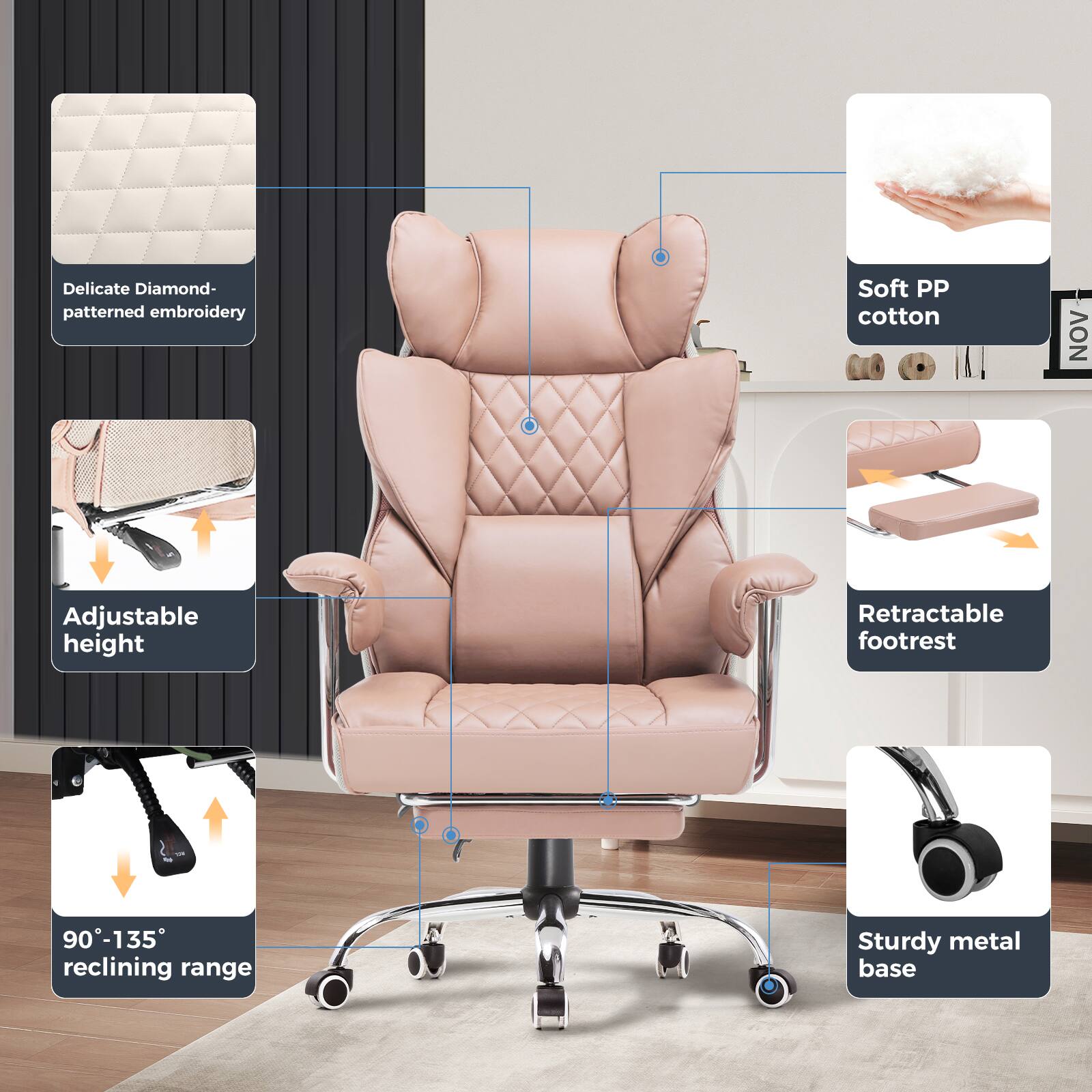 - Delicate Diamond-patterned embroidery
- Soft PP cotton
- Adjustable height
- Retractable footrest
- 90°-135° reclining range
- Sturdy metal base