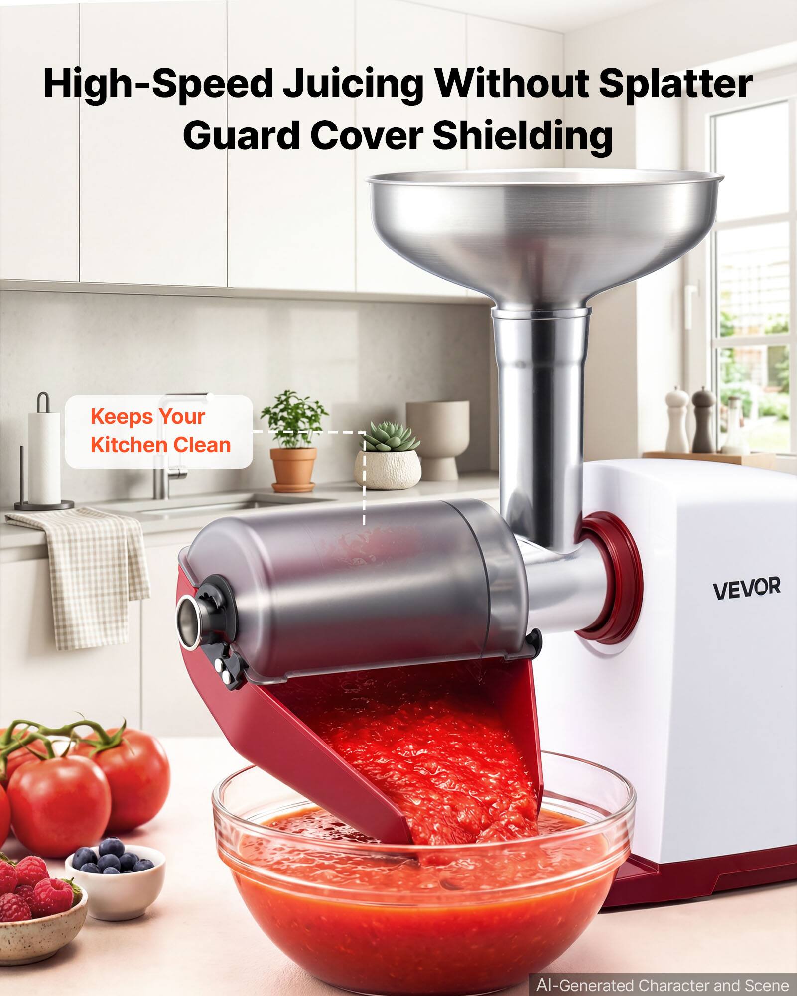 High-Speed Juicing Without Splatter Guard Cover Shielding  
Keeps Your Kitchen Clean  
VEVOR  
AI-Generated Character and Scene
