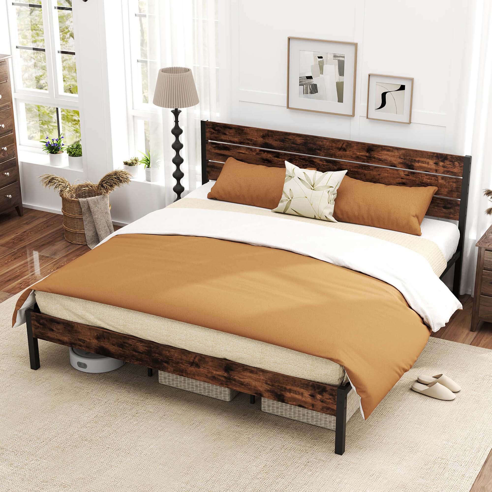 Alt View 3. Costway - King Bed Frame with Tall Industrial Headboard Heavy-Duty Metal Slats Support - Brown.