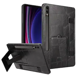 Dteck - Leather Texture Case for Samsung Galaxy Tab S10 FE+, Shockproof Cover with Multi-Angle Stand and Secure Hand Strap - Black