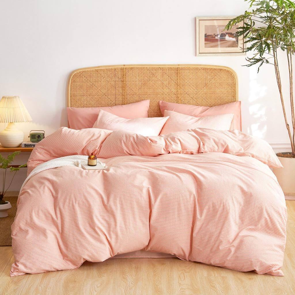 Back. Earthley Blooms - Striped Cotton Duvet Cover Set Washed Textured Percale Bedding Ticking Stripe Pinstripe Farmhouse 3 Pieces - Denim Blue-Twin.