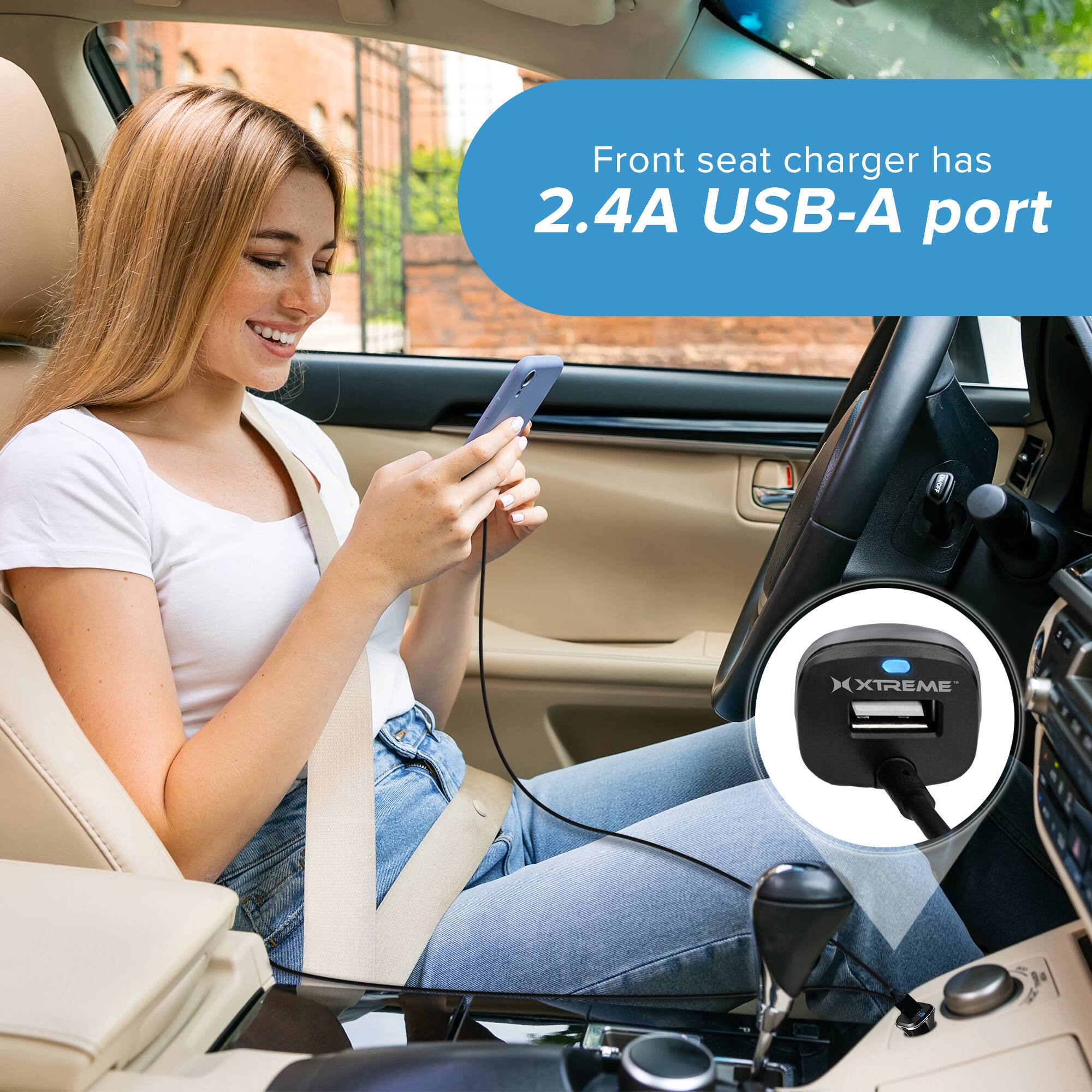 Front seat charger has 2.4A USB-A port