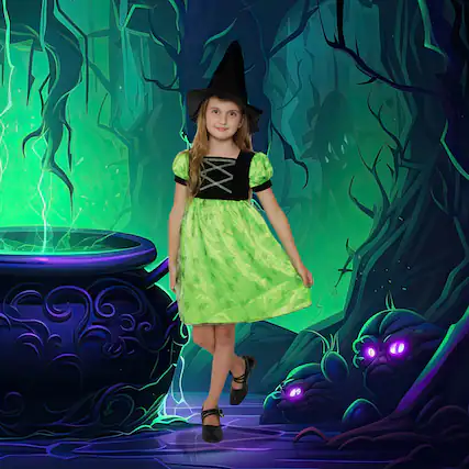 Front. Northlight - Black and Green Witch Girl Child Halloween Costume - Small - Green.