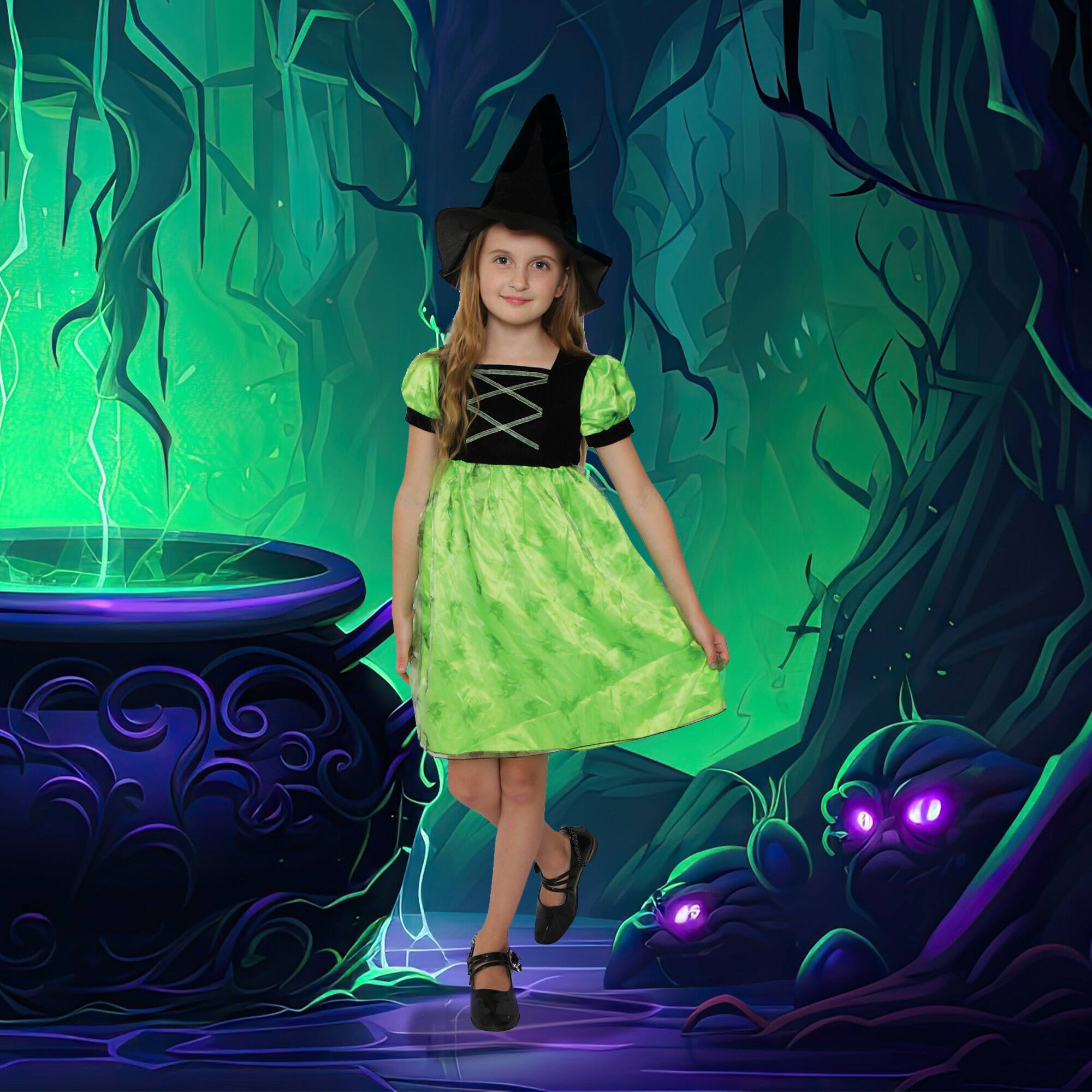 Front. Northlight - Black and Green Witch Girl Child Halloween Costume - Small - Green.