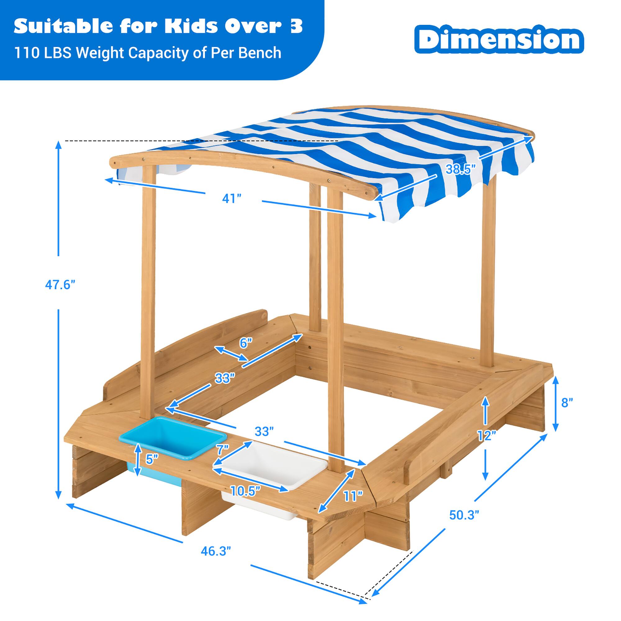 Suitable for Kids Over 3  
110 LBS Weight Capacity of Per Bench  

Dimension  
38.5"  
41"  
47.6"  
6"  
33"  
8"  
5"  
7"  
33"  
12"  
10.5"  
11"  
50.3"  
46.3"