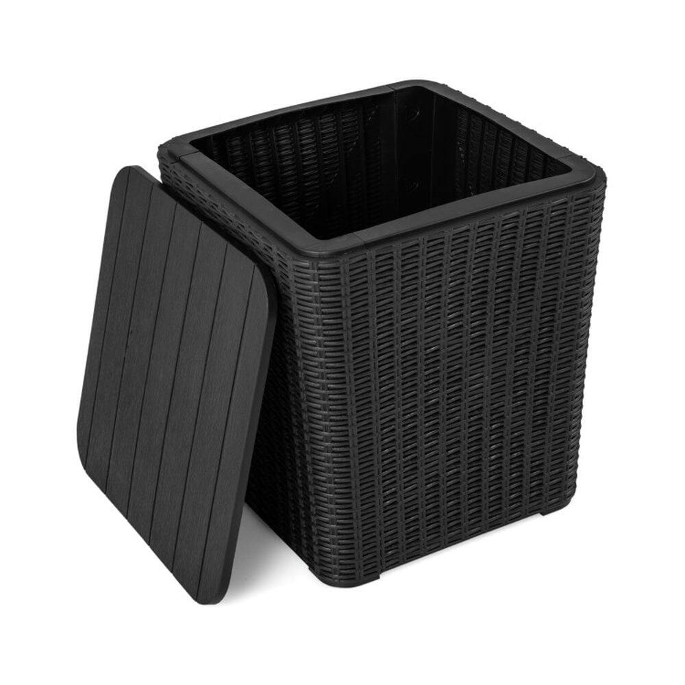 Front. Pefilos - Outdoor Resin Storage Side Table with Removable Lid and Wicker-woven Accent-Black, Modern Coffee Table for Living Room - Black.