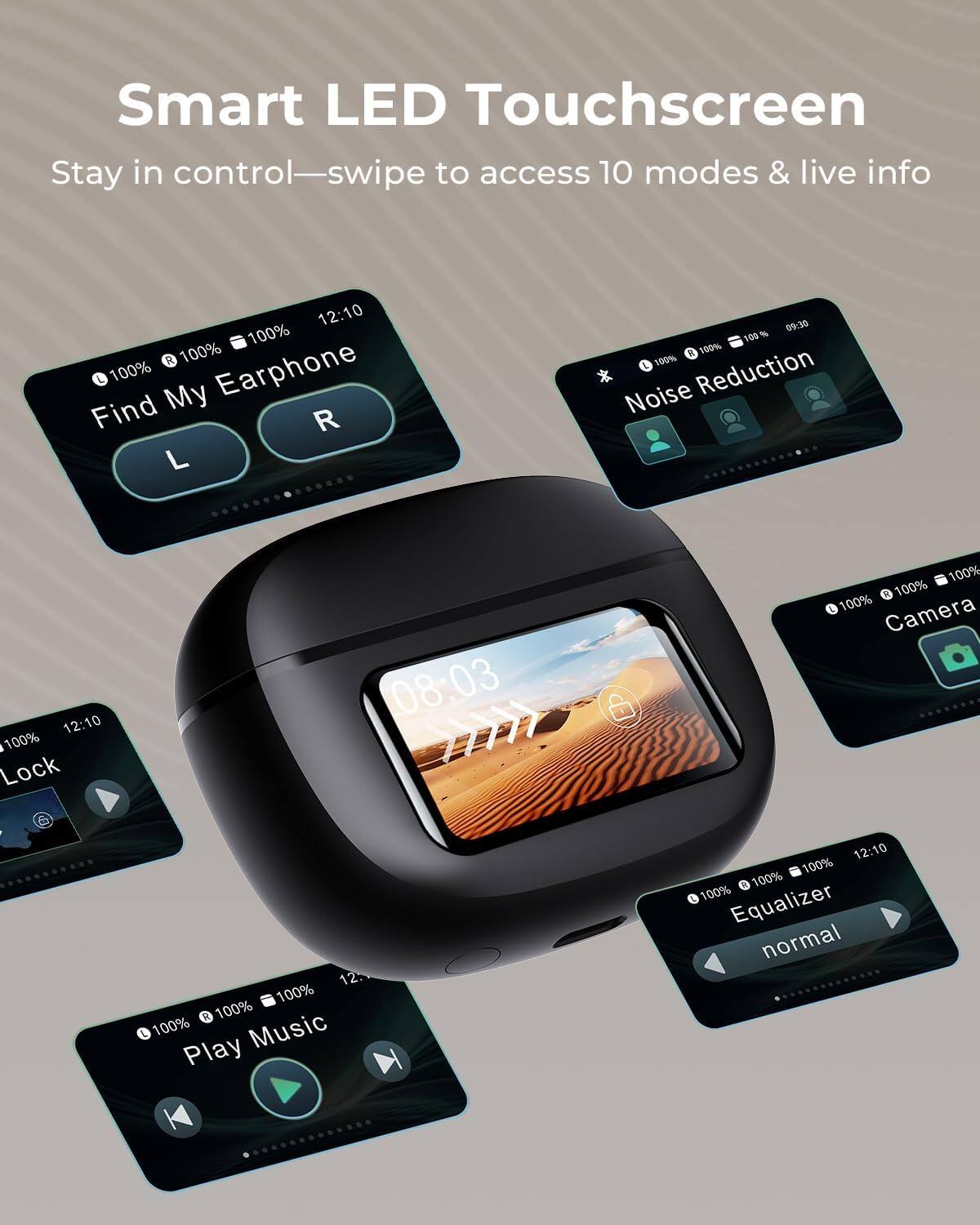 Smart LED Touchscreen  
Stay in control—swipe to access 10 modes & live info  

12:10 100% R 100% L 100% My Earphone Find R L  
09:30 100% R 100% 100% Noise Reduction  
12:10 4 100% Lock  
08:03 >>>>>  
100% 3 100% L 100% Camera  
12:10 100% R 100% L 100% Music Play  
12:10 100% 2 100% 100% Equalizer normal