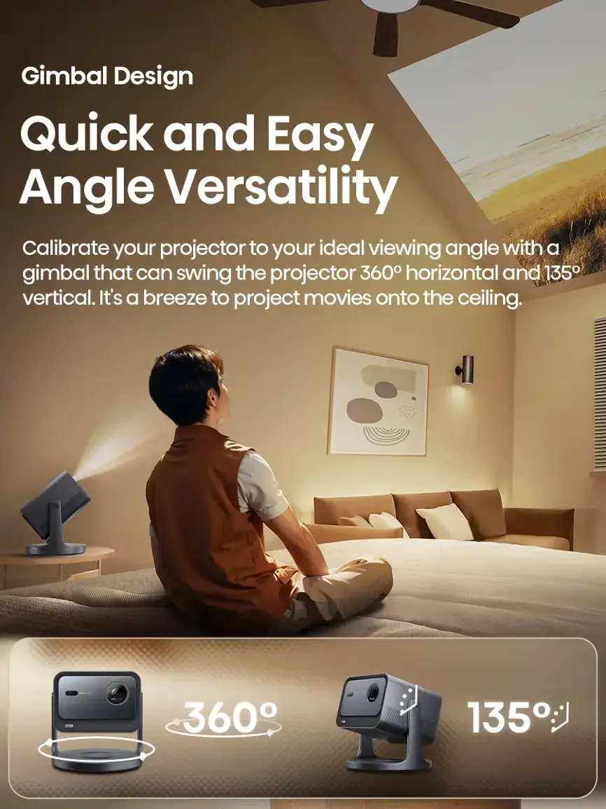 Gimbal Design Quick and Easy Angle Versatility Calibrate your projector to your ideal viewing angle with a gimbal that can swing the projector 360 degrees horizontally and 135 degrees vertically. It's a breeze to project movies onto the ceiling.