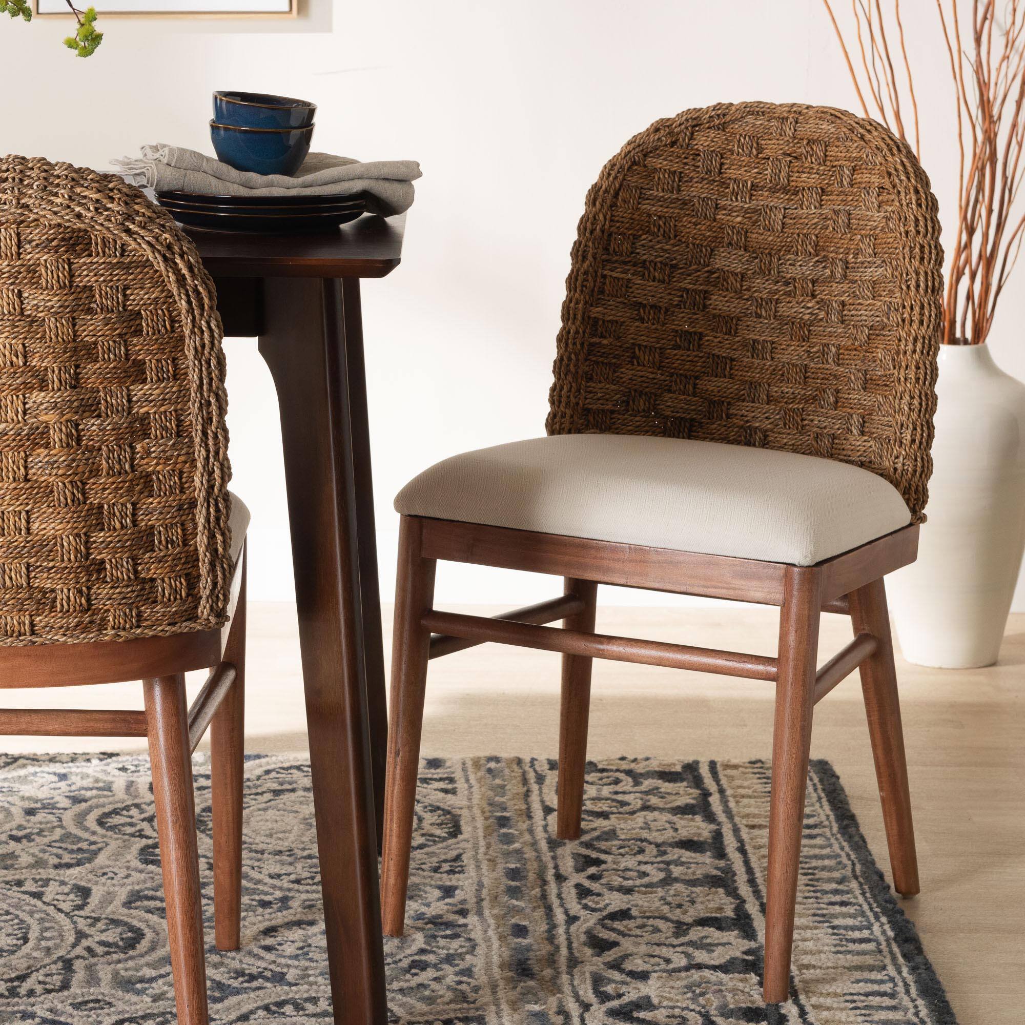 Alt View 4. bali & pari - Denver Modern Bohemian Finished Acacia Wood and Seagrass Dining Chair - White/Walnut Brown.