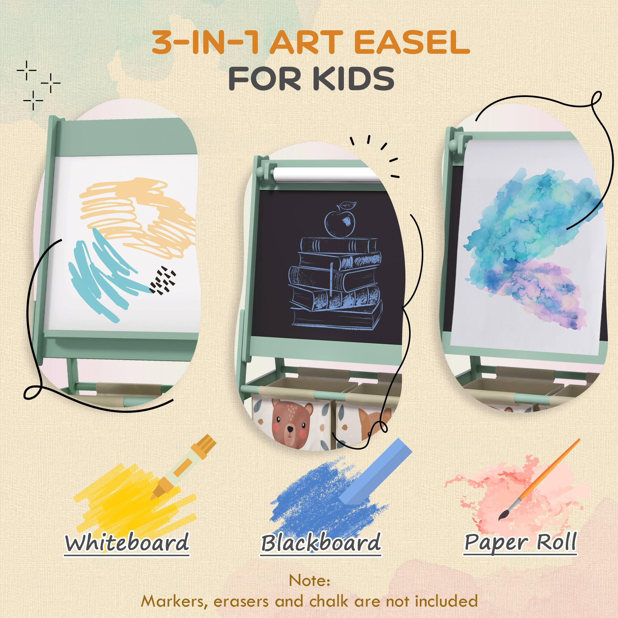 3-IN-1 ART EASEL FOR KIDS

Whiteboard  
Blackboard  
Paper Roll  

Note: Markers, erasers and chalk are not included