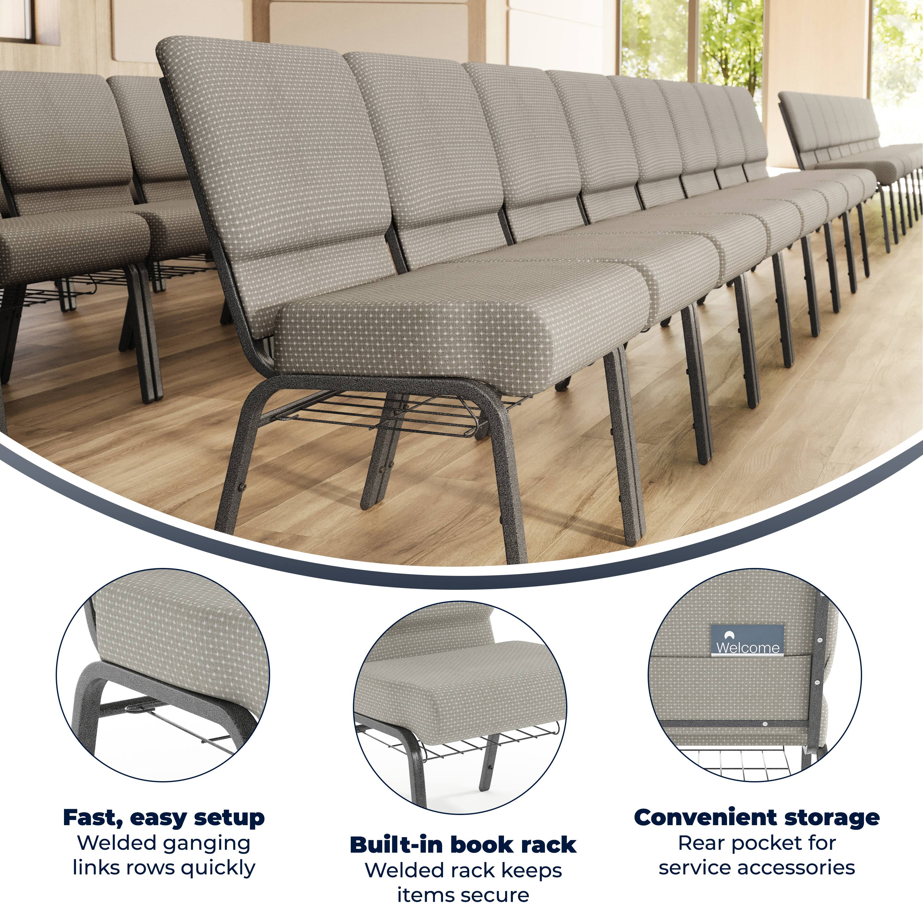 Welcome

Fast, easy setup  
Welded ganging links rows quickly

Convenient storage  
Built-in book rack  
Rear pocket for service accessories  
Welded rack keeps items secure