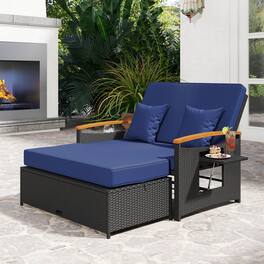 Costway - Patio Rattan Daybed Set with Cushioned Loveseat & Storage Ottoman for Porch - Navy + Black