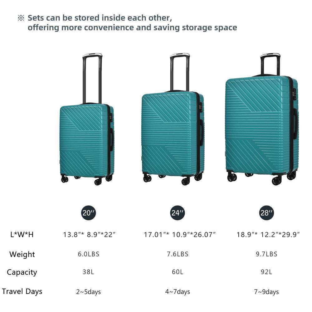 Sets can be stored inside each other, offering more convenience and saving storage space.

20"  
L*W*H: 13.8" * 8.9" * 22"  
Weight: 6.0LBS  
Capacity: 38L  
Travel Days: 2~5 days

24"  
L*W*H: 17.01" * 10.9" * 26.07"  
Weight: 7.6LBS  
Capacity: 60L  
Travel Days: 4~7 days

28"  
L*W*H: 18.9" * 12.2" * 29.9"  
Weight: 9.7LBS  
Capacity: 92L  
Travel Days: 7~9 days